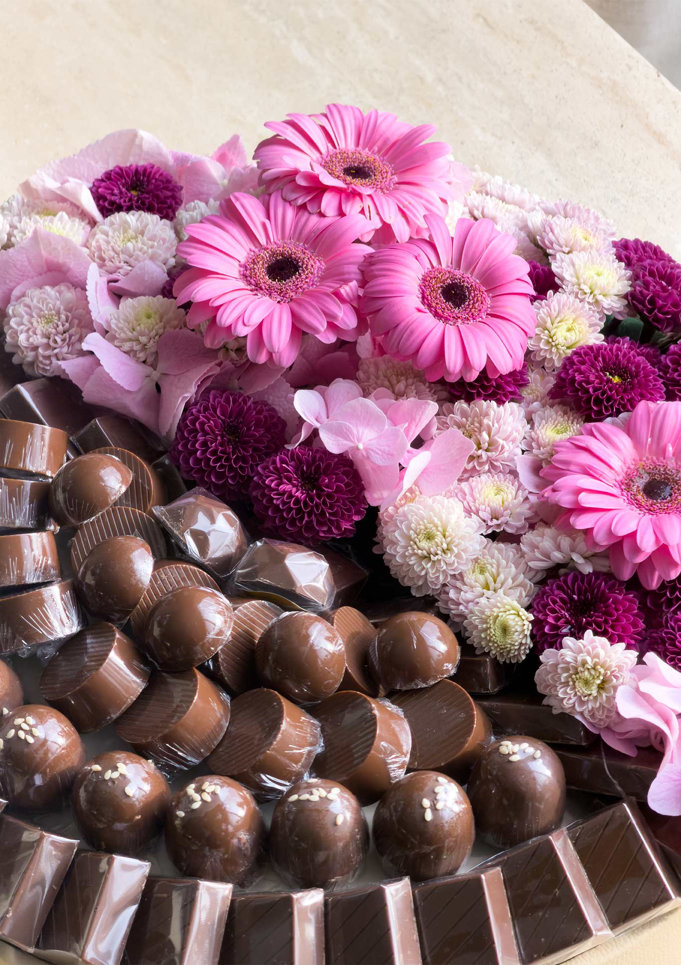 Half Bloom, Half Bliss flowers and chocolates tray