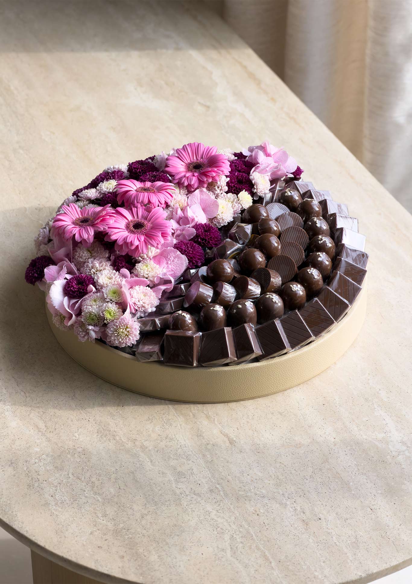 Half Bloom, Half Bliss flowers and chocolates tray