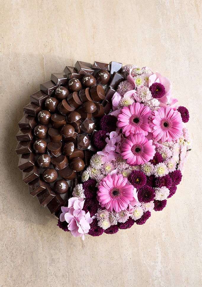 Half Bloom, Half Bliss flowers and chocolates tray