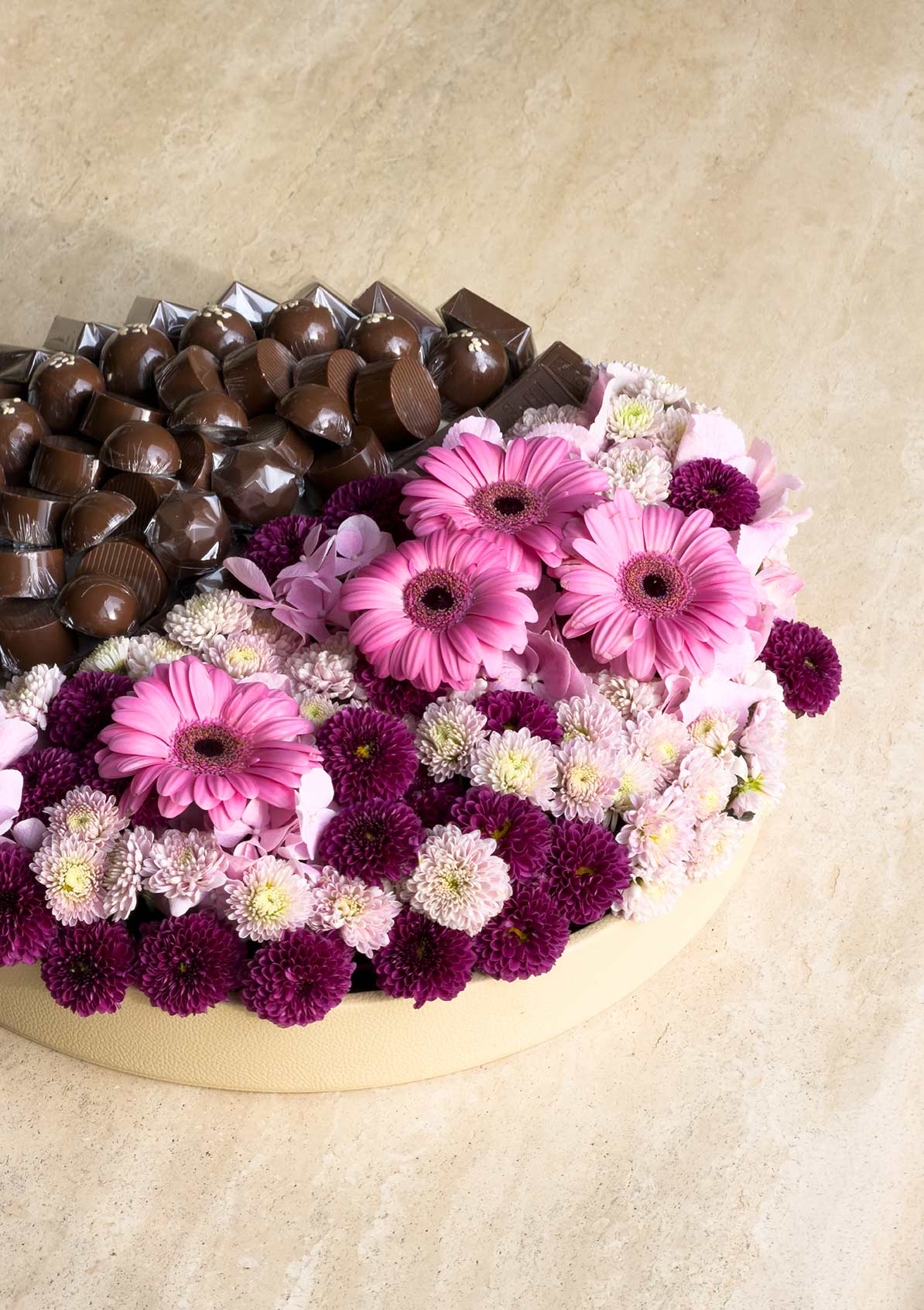 Half Bloom, Half Bliss flowers and chocolates tray