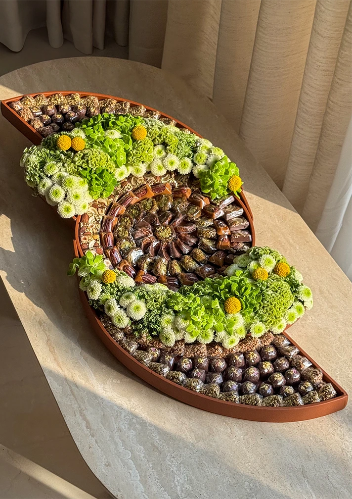 Celestial Blooms | Luxury Flower & Chocolate Gift Tray in Leather Base