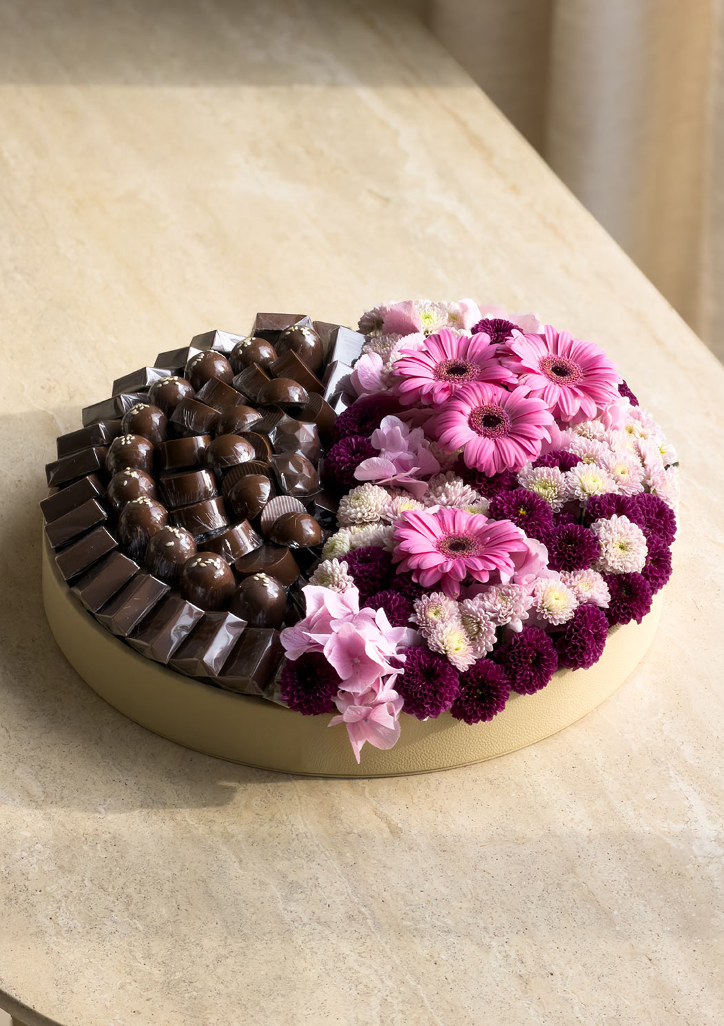 Half Bloom, Half Bliss flowers and chocolates tray