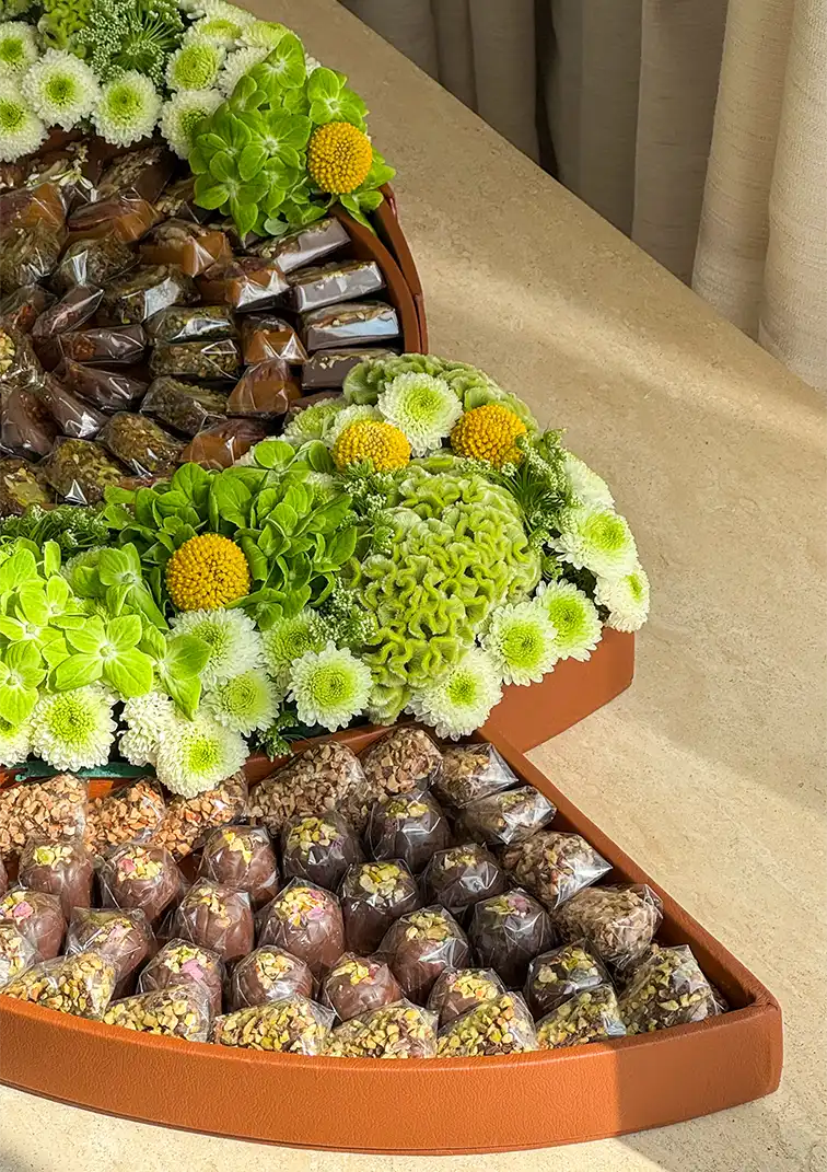 Celestial Blooms | Luxury Flower & Chocolate Gift Tray in Leather Base