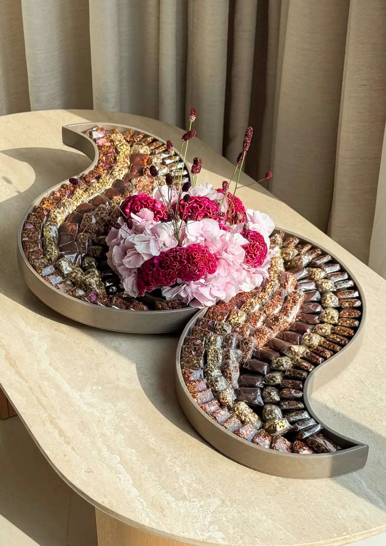 Lunar Harmony Tray | Luxury Flower & Chocolate Gift Tray in Leather Base
