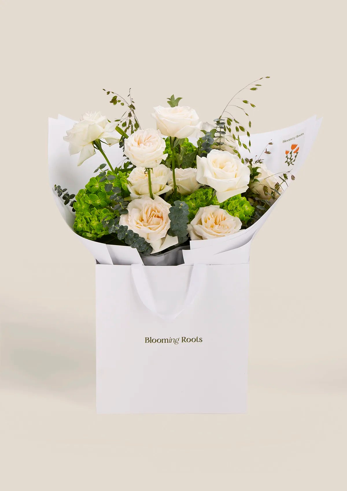 Zen Garden Bouquet including Hydrangea Matcha, Rose White Ohara, Eucalyptus Baby Blue, and Chasmanthium Latifolium flowers and greenery from Blooming Roots shop.